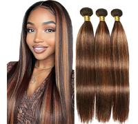Jucames Straight Human Hair Extension Weave 3 Bundles Cabello Humano Remy Double Weft Color Highlight Brown Color for Woman 26 28 30 Inch