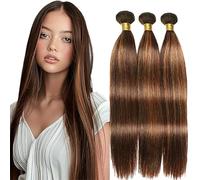 Jucames Straight Human Hair Extension Weave 3 Bundles Cabello Humano Remy Double Weft Color Highlight Brown Color for Woman 12 14 16 Inch