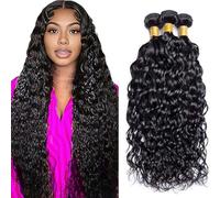 Jucames Water Wave Human Hair Extension Weave 3 Bundles Cabello Humano 100g/Per Remy Double Weft Color #1B Natural Black Color 24 26 28 Inch