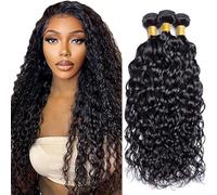 Jucames Water Wave Human Hair Extension Weave 3 Bundles Cabello Humano 100g/Per Remy Double Weft Color #1B Natural Black Color 22 24 26 Inch