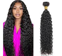 Jucames Water Wave Human Hair Extension Weave Single Bundles Cabello Humano Remy Double Weft Color #1B Natural Black for Woman 32 Inch