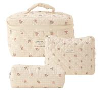 JUCHRZEY, 3 uds., Bolso de Aseo estético, Bolsa de cosméticos Acolchada Estampada para Mujer, Bolsa de algodón con Cierre de Cremallera de Gran Capacidad, Conjunto de Bolso Diario