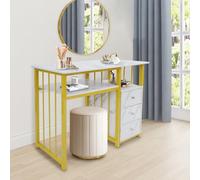 JUDEMII Escritorio con 3 cajones, mesa de clavos de madera, estructura metálica, mesa de manicura para técnico en casa, spa, salón de belleza, lugar de trabajo, color negro, 100 x 40 x 76 cm