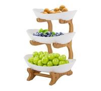 JUDEMII Frutero blanco de cerámica de 3 pisos, con soporte de bambú natural, plato para servir frutas, decoración de cocina, verduras, frutas, aperitivos