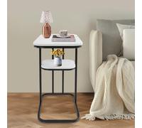 JUDEMII Mesa auxiliar en forma de C, mesa auxiliar, mesa de café, mesa pequeña, mesa auxiliar de sofá de 2 niveles, mesa auxiliar para café, ordenador portátil, sala de estar, dormitorio, blanco