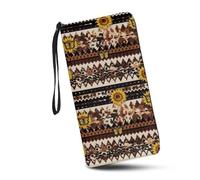 JUDENTIDOS Bonita cartera para mujer con cremallera alrededor de cuero, cartera larga con correa de muñeca, Girasol azteca navajo del suroeste, Talla única