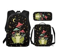JUDENTIDOS Mochila para niños y niñas, bolsas escolares con lonchera y estuche, juego de 3 bonitas bolsas para libros para jardín de infantes, primaria, preescolar, medio, Funny Frog Mushroom Moon