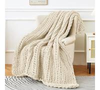 JUDEWY Chunky Knitted Throw Blanket 51 "x63, 100% Hand Knitted Throw Blanket, Comfortable Soft Chunky Knitted Throw Blanket Large Knot Crochet Throw Blanket Sofa Bed (Beige, 63inx50in)