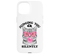 Judging You Silently Funny Cat Blowing a Bubble Gum Cat Mom Carcasa para iPhone 15