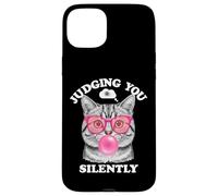 Judging You Silently Funny Cat Blowing Bubble Gum Pink Cat Carcasa para iPhone 15 Plus