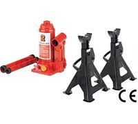 Juego 2 Caballetes de 3 toneladas y Gato de Botella hidraulico de Botella 2 toneladas