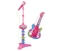 Juego 2 en 1 Guitarra Rosa Y Micrófono - Juguete Musical Interactivo Para Niños | Guitarra Con Coloridas Y Soporte Micrófono | Instrumento Musical Para Niños Niñas 3-8 Años, Baterías No Inc