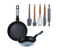 Juego de 2 Sartenes de Ø20Ø26cm Aluminio prensado color Azul + Set de 5 Utensilios de silicona y madera NOIA San Ignacio