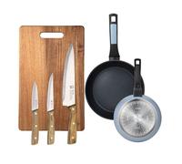 Juego de 2 Sartenes de Ø20Ø26cm Aluminio prensado color Azul + 3 Cuhillos en acero inoxidable + Tabla de corte 40x25cm NOIA San Ignacio