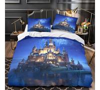 Juego 3 Piezas Microfibra Castle Night Fuego Fundas Edredón Impresión 3D Fundas Almohada Transpirable Fantasy Royal Architecture Juego Fundas Edredón for Familia Double（200x200cm）