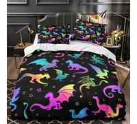 Juego 3 Piezas Microfibra de poliéster Rainbow Dragons Juego Fundas Edredón Estampado 3D Fundas Almohada Transpirable Fantasy Creature Funda Edredon for Adolescentes Single（135x200cm）