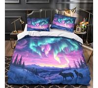 Juego 3 Piezas Microfibra Northern Lights Funda de Edredón Impresión 3D Cremallera Oculta Fundas Almohada Antibacteriana Fantasy Aurora Cielo Funda Edredon for niña Single（140x200cm）