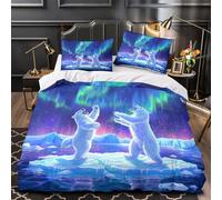 Juego 3 Piezas Microfibra Polar Bears Dancing Funda Edredon Impresión 3D Fundas Almohada Transpirable Arctic Aurora Fantasy Juego Fundas Edredón for niños King（220x240cm）