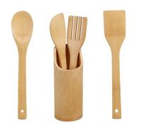 Juego 5 Utensilios Cocina, Set Cuchara Madera y Espátulas, Incluye Bote Almacenaje, Bambú 100% Natural hechos a mano.