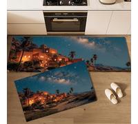 Juego Alfombras Cocina Antideslizantes 2 Piezas,Pueblo Bajo Cielo Nocturno Arquitectura Del Antiguo Egipto Tapete Cocina Antideslizante Resistente Aceite,Adecuado Para Sala Estar,45*75Cm+45*150Cm