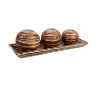 Juego bandeja y 3 portavelas de madera de bambú marrón 33x13x3h cm