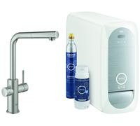 Juego básico monomando de fregadero Grohe Blue Home, 223 mm de alcance, caños en L, extraíble, con filtro y función de refrigeración, 31539DC0, Color: súper acero