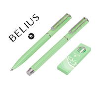 Juego boligrafo y roller belius endless summer aluminio color verde y plateado tinta azul caja de diseño - BB314
