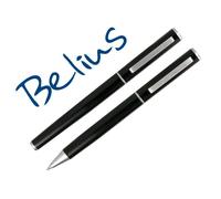 Juego boligrafo y roller belius norwich cuerpo negro mate y detalles cromados satinados en caja regalo