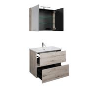 Juego burgbad Rocio compuesto por armario con espejo y luz LED, lavabo y mueble bajo lavabo, ancho 800mm, SGYQ080F6225C0001, Color: Roble decoraciÃ³n plata