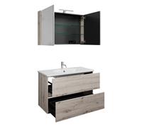 Juego burgbad Rocio compuesto por armario con espejo y luz LED, lavabo y mueble bajo lavabo, anchura 1000mm, SGYQ100F6225C0001, Color: Roble decoraciÃ³n plata