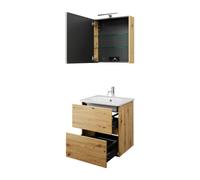 Juego burgbad Rocio compuesto por armario con espejo y luz LED, lavabo y mueble bajo lavabo, anchura 600mm, abatible a la izquierda, SGYQ060LF6224C0001, Color: Decoración urbana en roble