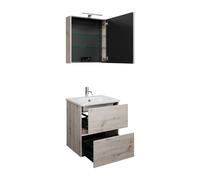 Juego burgbad Rocio compuesto por armario con espejo y luz LED, lavabo y mueble bajo lavabo, anchura 600mm, abatible a la derecha, SGYQ060RF6225C0001, Color: Roble decoraciÃ³n plata