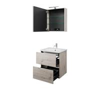 Juego burgbad Rocio compuesto por armario con espejo y luz LED, lavabo y mueble bajo lavabo, anchura 600mm, abatible a la izquierda, SGYQ060LF6225C0001, Color: Roble decoraciÃ³n plata