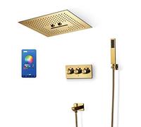 Juego combinado de ducha clásico de 64 colores LED dorado, juego de grifo de ducha de baño montado en el techo con cabezal de ducha de 16 pulgadas, ducha de mano, grifo de bañera, control de teléfono