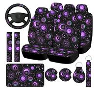 Juego completo de 15 fundas de asiento de coche con estampado colorido, protector de banco delantero y trasero, funda de respaldo para volante, almohadillas para cinturón de seguridad, funda para