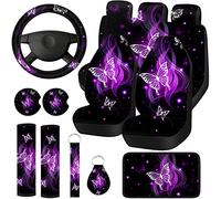 Juego completo de 15 fundas de asiento de coche con mariposas, fundas de asiento de coche para coche, fundas de asiento delantero y trasero, funda para volante, correa de muñeca, posavasos, almohadillas para los hombros (estilo mariposa con purpurina morada)