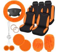 Juego completo de 17 fundas de asiento de coche para mujer, ajuste universal, fundas de asiento delantero y trasero, fundas de volante esponjosas de forro polar para freno de mano, accesorio colgante,