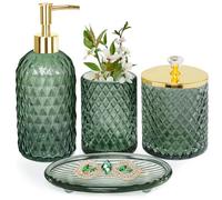 Juego Completo de Accesorios de Baño de Vidrio Verde Salvia - Dispensador de Jabón, Soporte para Cepillo de Dientes, Soporte Qtip, Jabonera
