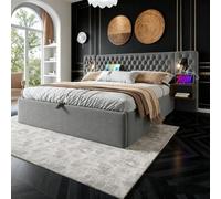 Juego completo de dormitorio con cama de almacenamiento hidráulico y mesitas de noche | Cama tapizada de 180 x 200 cm, terciopelo gris, cabecero con luz de lectura y función de carga USB, sin colchón
