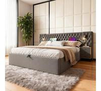 Juego completo de dormitorio con función hidráulica y 2 mesitas de noche - Cama acolchada de 160 x 200 cm en gris (terciopelo) con luz de lectura y USB - Sin colchón