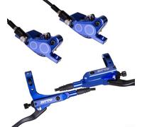 Juego completo de frenos de disco hidráulicos para bicicletas de montaña con 4 pinzas de pistón y controles de palanca de empuje (azul)
