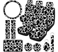 Juego Completo de Fundas de Asiento de Coche con Estampado de Vaca para Mujeres y Hombres, Juego de Accesorios de Coche con Estampado de Vaca, Volante de Goma, Funda para reposabrazos, Almohadillas