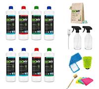 Juego completo de limpieza BiOHY + accesorios (8 x 1 L) | dispensador pestañas todo en uno, 2 botellas de vidrio spray de 500 ml, mopa de 40 cm, guante de microfibra, cepillo, 4 paños de microfibra