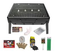 Juego completo de parrilla de maletín BBQ - Parrilla de carbón portátil con depósito de cenizas, briquetas de coco, encendedores, cubiertos desechables y accesorios - Set todo en uno para jardín