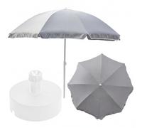 Juego completo de sombrilla + soporte para sombrilla para el jardín. Material: poliéster/acero/polipropileno, color gris, grande, D 240 cm, altura 230 cm, soporte blanco, D 40 cm, función de frenado