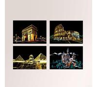 Juego creativo de 4 piezas de pintura para rascar para niños, vista nocturna de la ciudad y dibujos de construcción para fomentar el desarrollo artístico (edificio antiguo)