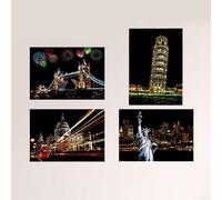 Juego creativo de 4 piezas de pintura para rascar para niños, vista nocturna de la ciudad y dibujos de construcción para fomentar el desarrollo artístico (edificio clásico)