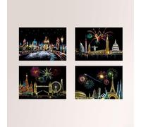 Juego creativo de 4 piezas de pintura para rascar para niños, vista nocturna de la ciudad y dibujos de construcción para fomentar el desarrollo artístico ()