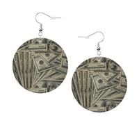 Juego de 1 par de aretes redondos de cuero con estampado de moneda de dólar estadounidense, aretes colgantes de cuero para mujer, regalos de joyería, One Size, Poliéster