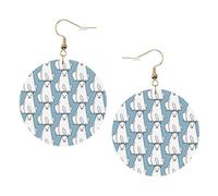 Juego de 1 par de aretes redondos de cuero con estampado de oso polar para mujer, aretes colgantes de cuero para mujer, One Size, Poliéster